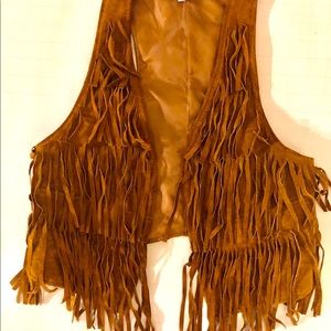 Vintage 80s Max Rave Brown Suede Leather Fringe Hippie Vest Open Front Sz S